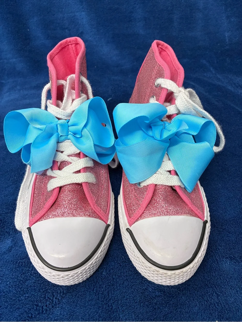Girls Glitter Pink Lace-Up Sneakers with Blue Bow Accent